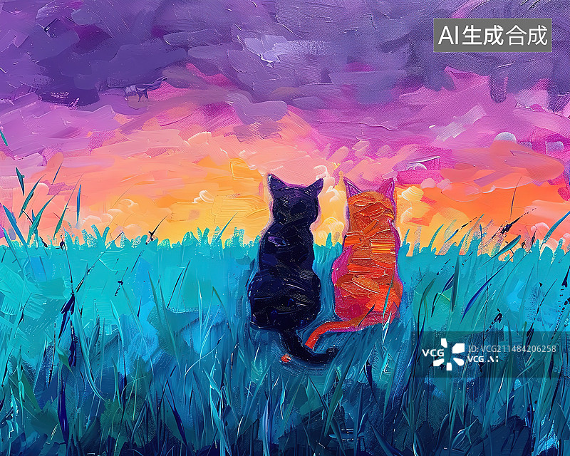 【AI数字艺术】夕阳下的两只猫图片素材