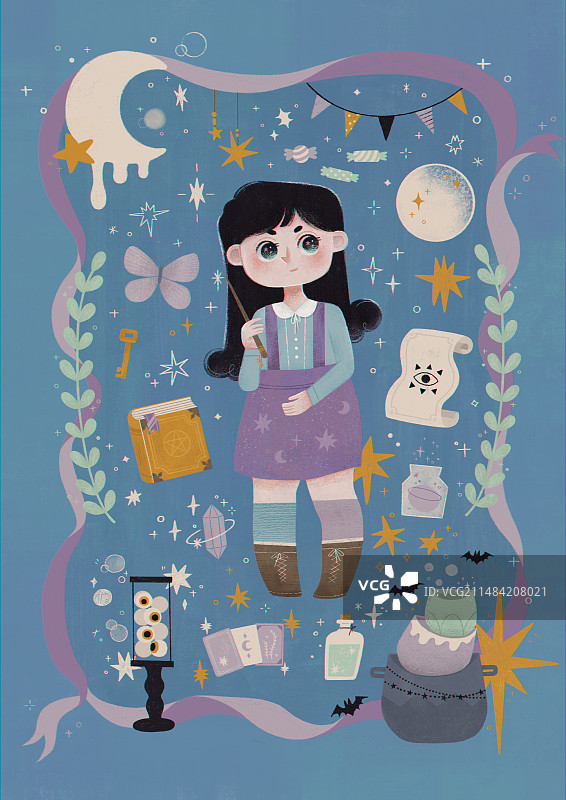 可爱黑色长发魔法少女和魔法小物品元素装饰插画图片素材