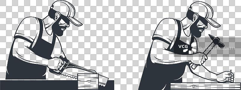 木匠用锤子和钉子锯木头图片素材