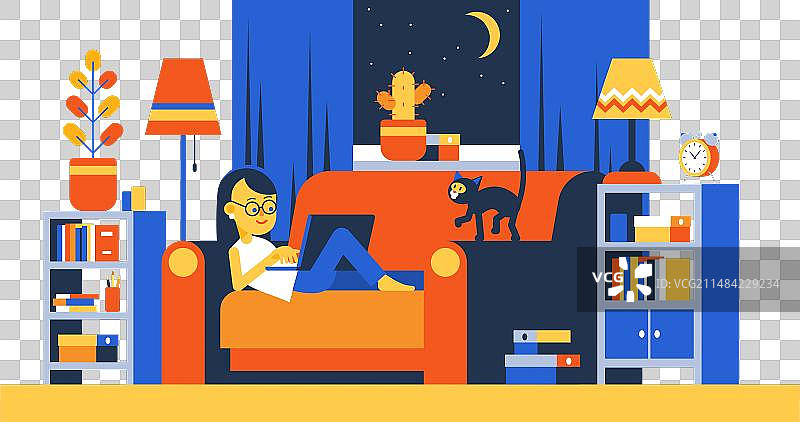 在沙发上用笔记本电脑远程工作的女人图片素材