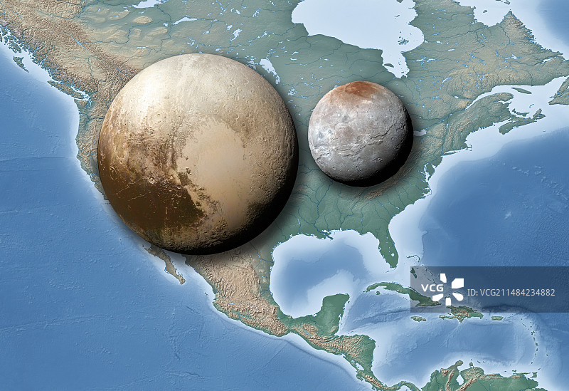 冥王星和卡戎与地球的比较图片素材