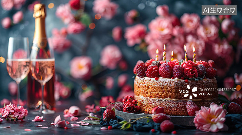 【AI数字艺术】桌上蛋糕上点燃蜡烛的特写镜头图片素材