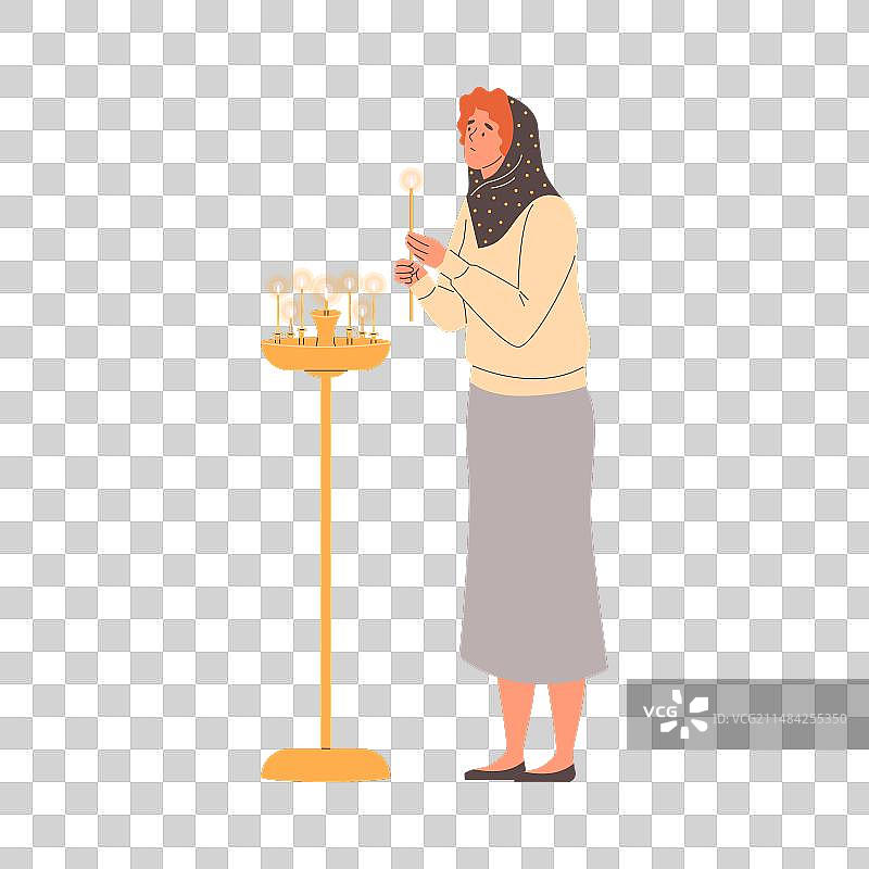 卡通风格的女人在教堂点燃蜡烛图片素材