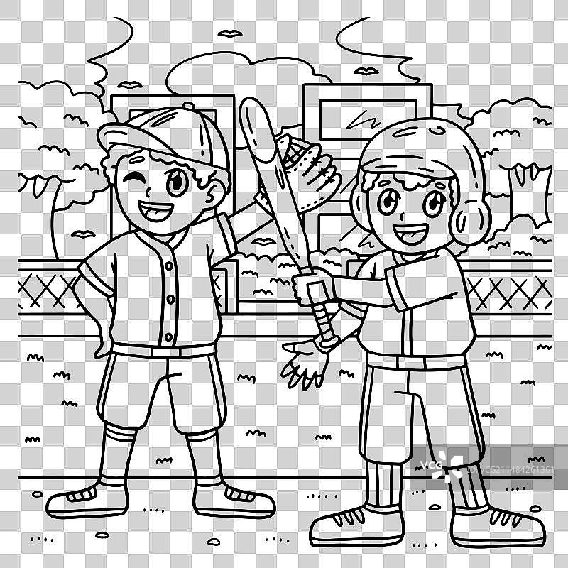 儿童棒球伙伴填色页图片素材