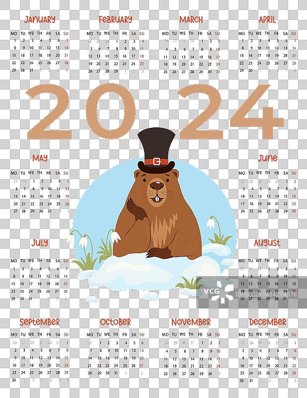 2024年年度日历可爱土拨鼠形象图片素材