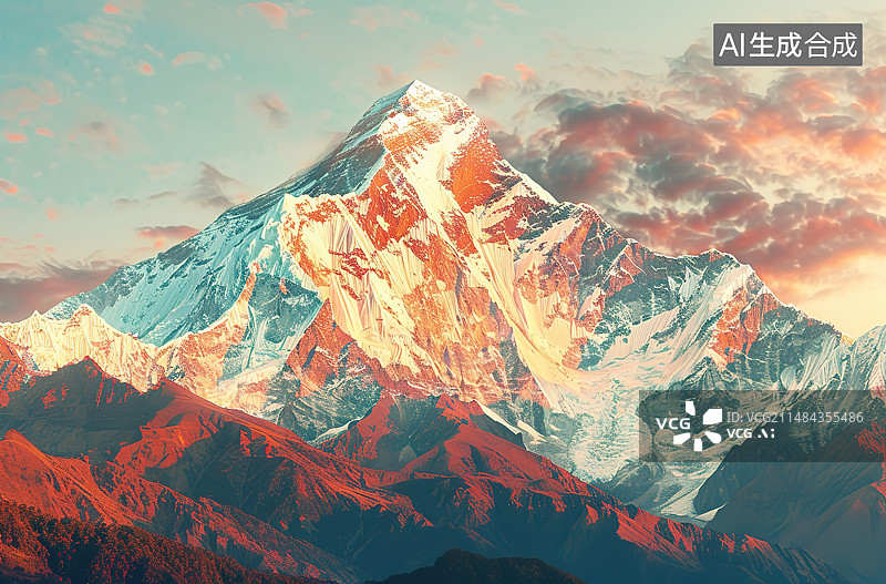 【AI数字艺术】日落时白雪皑皑的群山景色图片素材