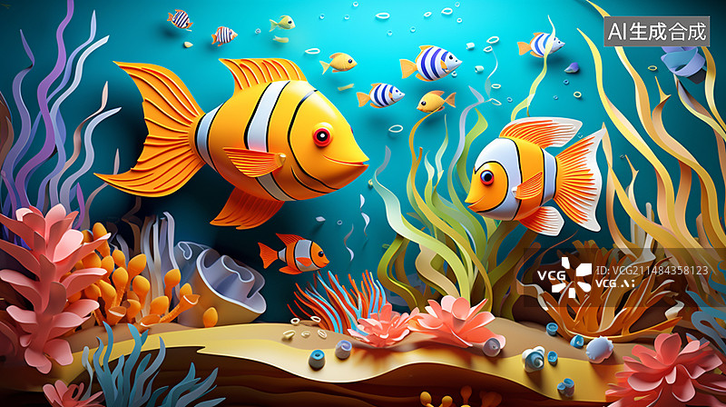 【AI数字艺术】3D剪纸风格海底世界图片素材