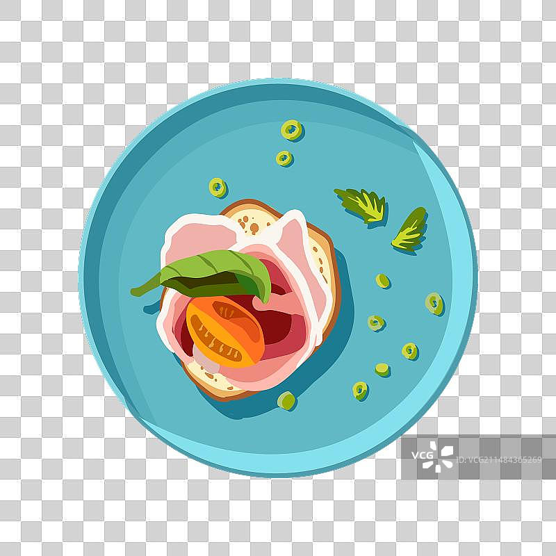 诱人的烟熏肉番茄意式烤面包图片素材