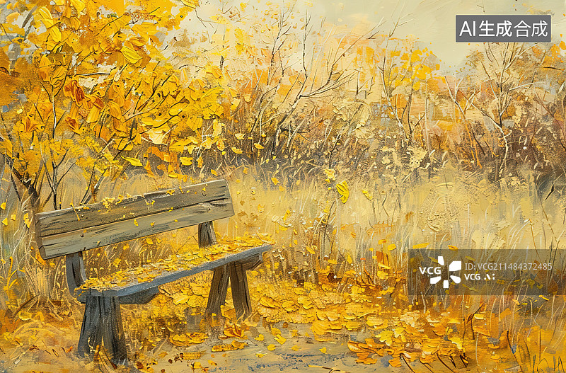 【AI数字艺术】秋天公园里空荡荡的长凳图片素材