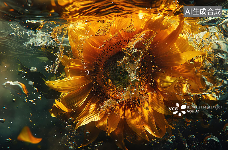 【AI数字艺术】蜜蜂在向日葵上授粉的特写镜头图片素材