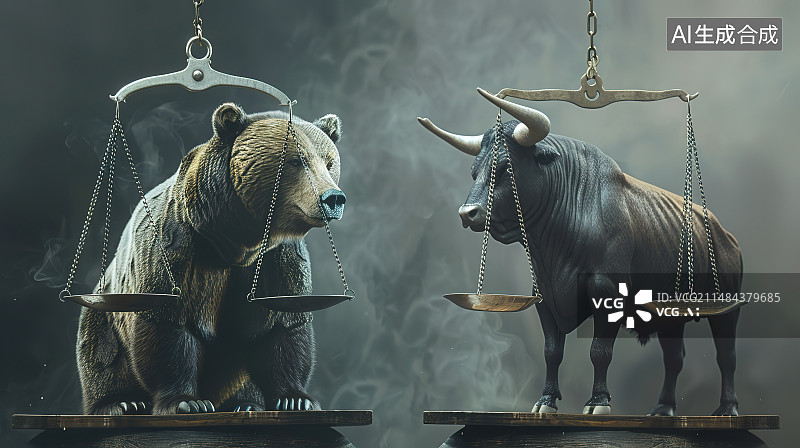 【AI数字艺术】牛和熊站在天平的两边熊市和牛市概念图片素材