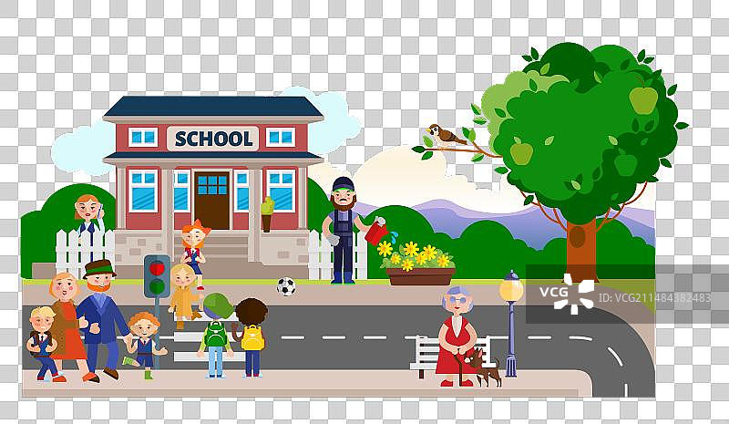 学校门口家长接送孩子的街景图片素材