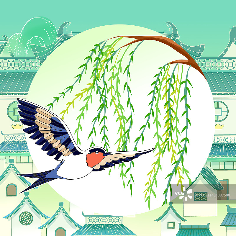 春天燕子柳树国潮风图片素材