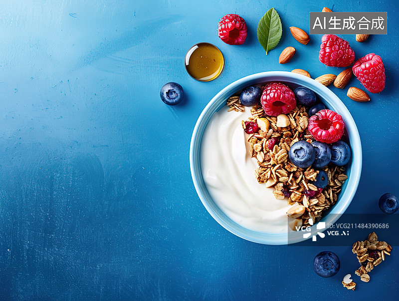 【AI数字艺术】正上方蓝色背景的碗中早餐的照片图片素材