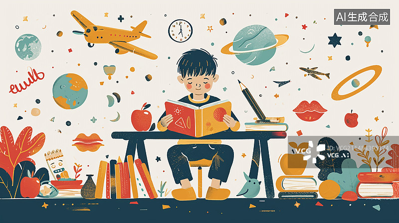 【AI数字艺术】正在努力学习知识的小男孩图片素材