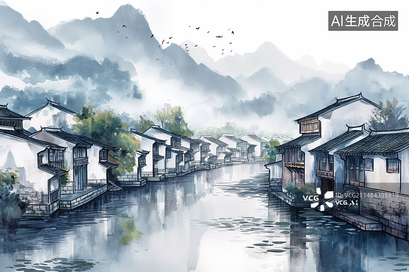 【AI数字艺术】中国水墨画风格的江南水乡图片素材