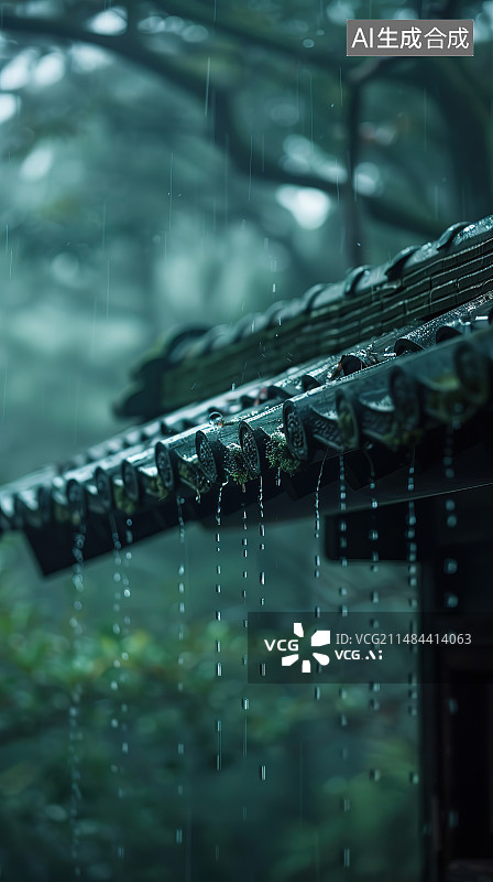 【AI数字艺术】中国古建筑屋檐留下的雨水图片素材