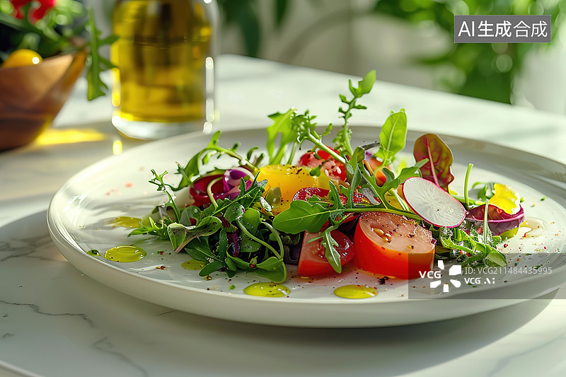 【AI数字艺术】桌上盘子里食物的特写镜头图片素材