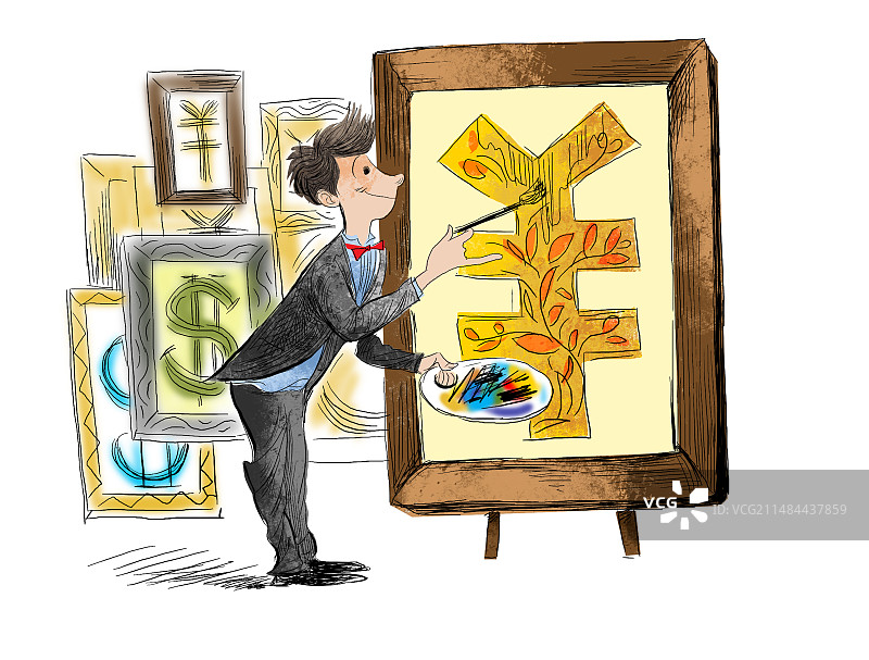 画家描绘美元人民币符号图片素材