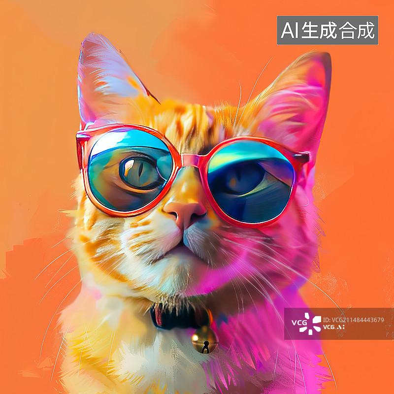 【AI数字艺术】橙色背景下戴太阳镜的猫的特写镜头图片素材