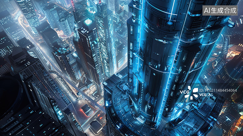 【AI数字艺术】城市风光夜景激光照明航拍图图片素材