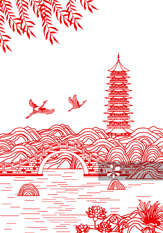 红色剪纸山水风景园林插画图片素材
