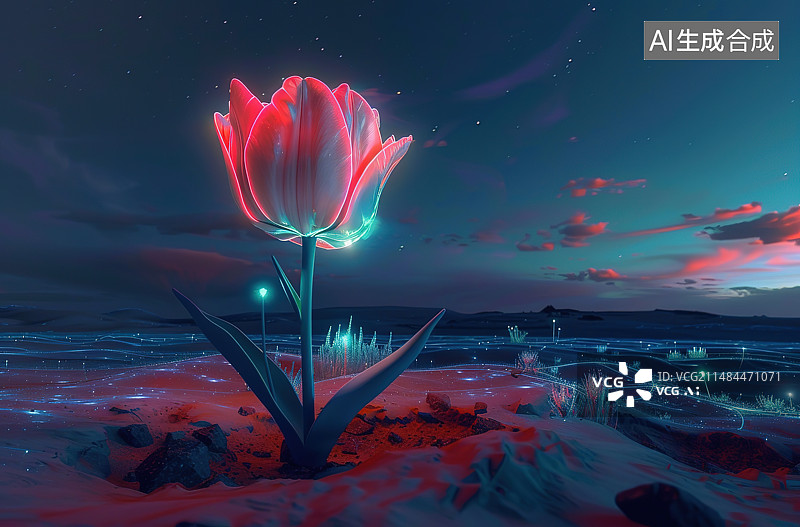 【AI数字艺术】夜空下的红花图片素材