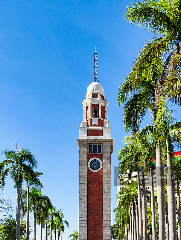 蓝天下棕榈树的香港尖沙咀钟楼局部俯视图图片素材