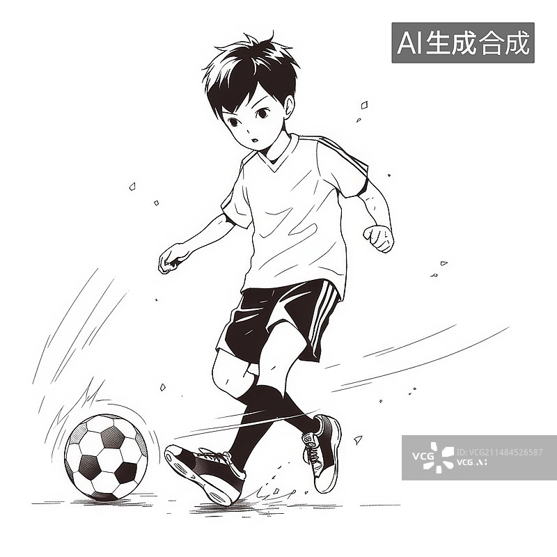 【AI数字艺术】线稿插画踢足球的小男孩图片素材