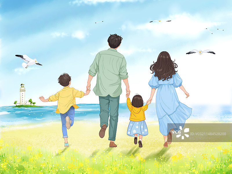 夏日蓝天白云海边家庭人物背影牵手手绘插画图片素材