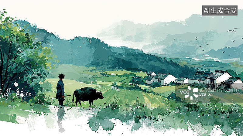【AI数字艺术】春天清明节牧童水牛雨水唯美意境新中式水墨背景二十四节气谷雨图片素材