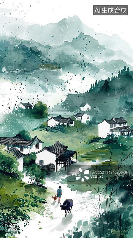 【AI数字艺术】春天清明节牧童水牛雨水唯美意境新中式水墨背景二十四节气谷雨图片素材