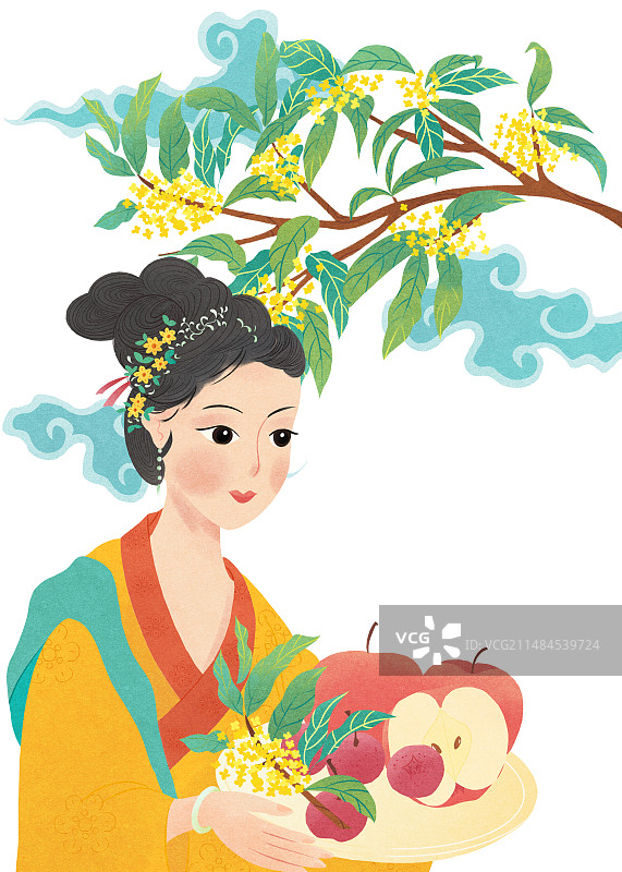 一个唐朝美女手捧苹果山楂桂花祥云国风手绘插画图片素材