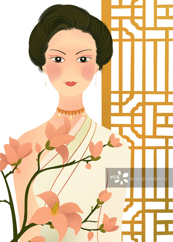 一个美女站在窗边玉兰花花窗古典美女手绘插画图片素材