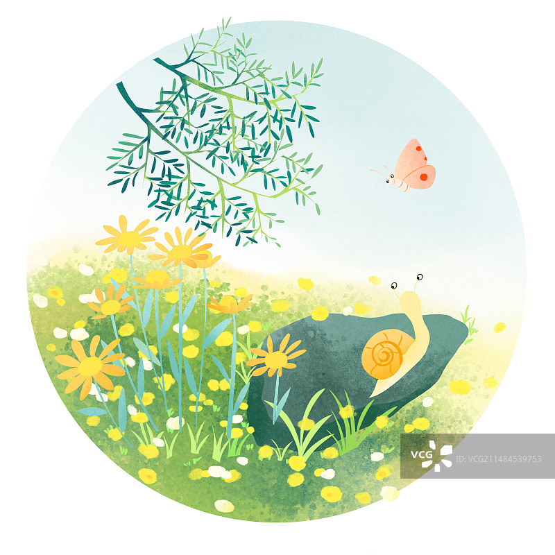 一只蝴蝶蜗牛花丛草地树枝春天节气春分手绘插画图片素材