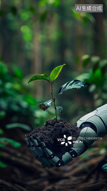 【AI数字艺术】白色机器人手握土和嫩芽于丛林环境中，未来科技概念，智慧农业图片素材