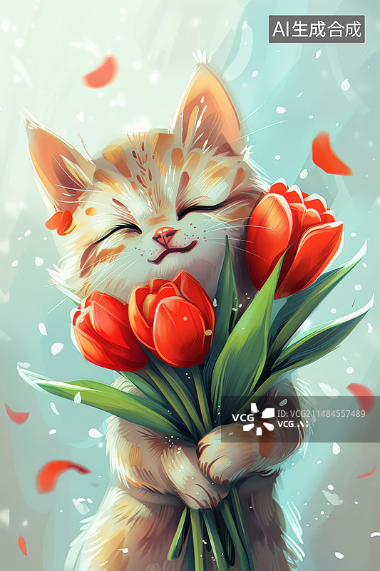 【AI数字艺术】开心的猫咪拿着一束红色郁金香：欢乐的节日问候图片素材