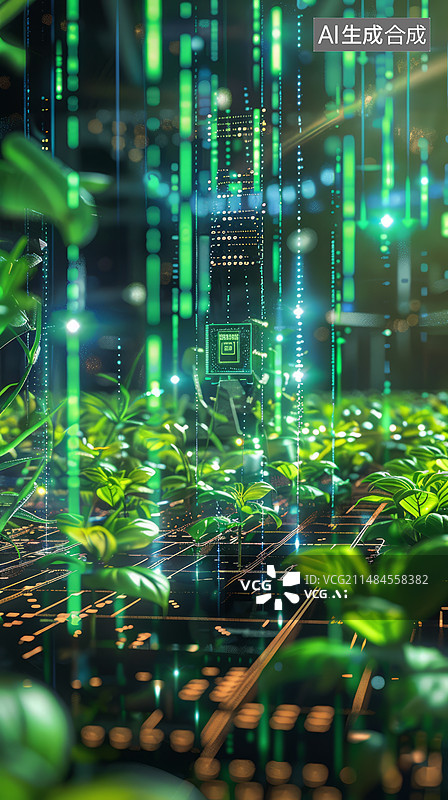 【AI数字艺术】智慧农业概念，人工智能：高科技农业数据可视化与QR码全息图图片素材