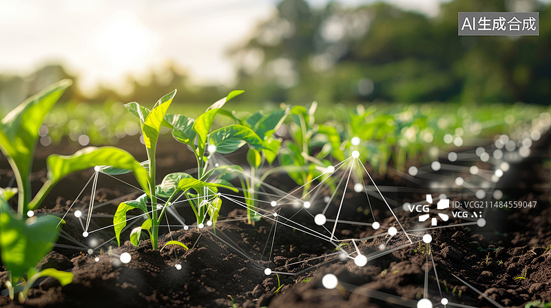 【AI数字艺术】智慧农业概念，人工智能：实时传感器技术，精确监测对农业生产力至关重要的环境因素，如湿度、温度和日照图片素材