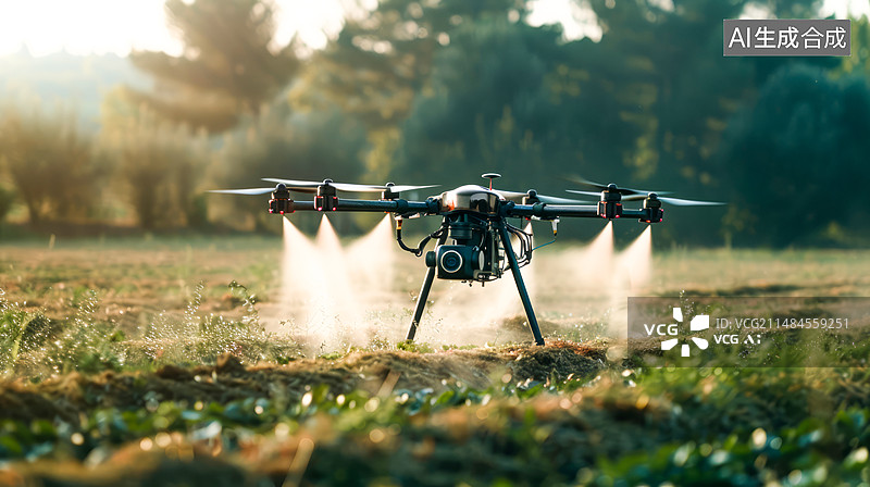 【AI数字艺术】智慧农业概念，人工智能：田野调查：一架配备高分辨率摄像头和传感器的无人机在田野上空盘旋，捕捉图像数据图片素材