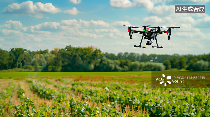 【AI数字艺术】智慧农业概念，人工智能：田野调查：一架配备高分辨率摄像头和传感器的无人机在田野上空盘旋，捕捉图像数据图片素材