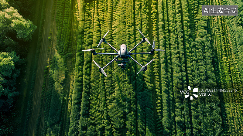 【AI数字艺术】智慧农业概念，人工智能：一架配备高分辨率摄像头和传感器的无人机在田野上空盘旋，捕捉图像和数据图片素材
