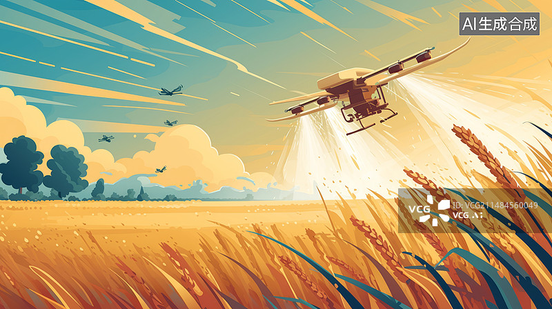 【AI数字艺术】智慧农业概念，人工智能：农业无人机在日出时喷洒杀虫剂的高角度视图：简约扁平插画图片素材
