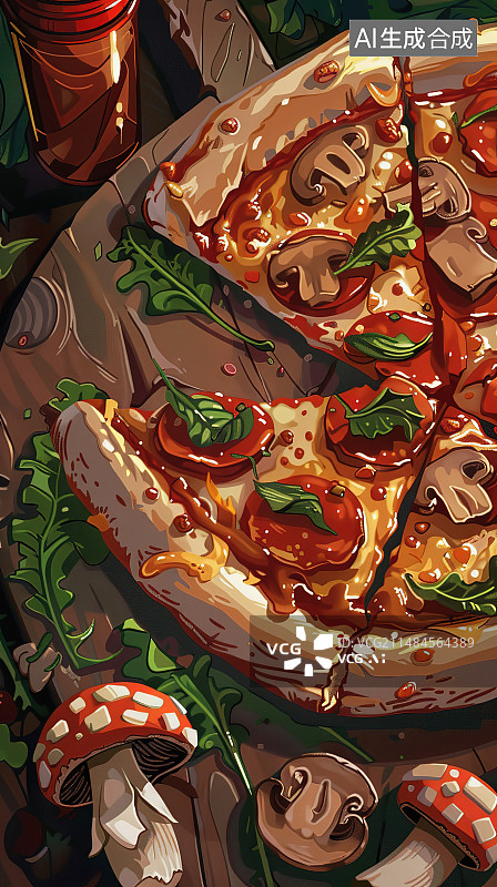 【AI数字艺术】桌上盘子里的披萨的高角度视图图片素材