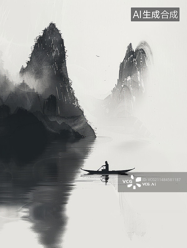 【AI数字艺术】宁静致远：雾气缭绕的古船，中国风水墨画，极简图片素材