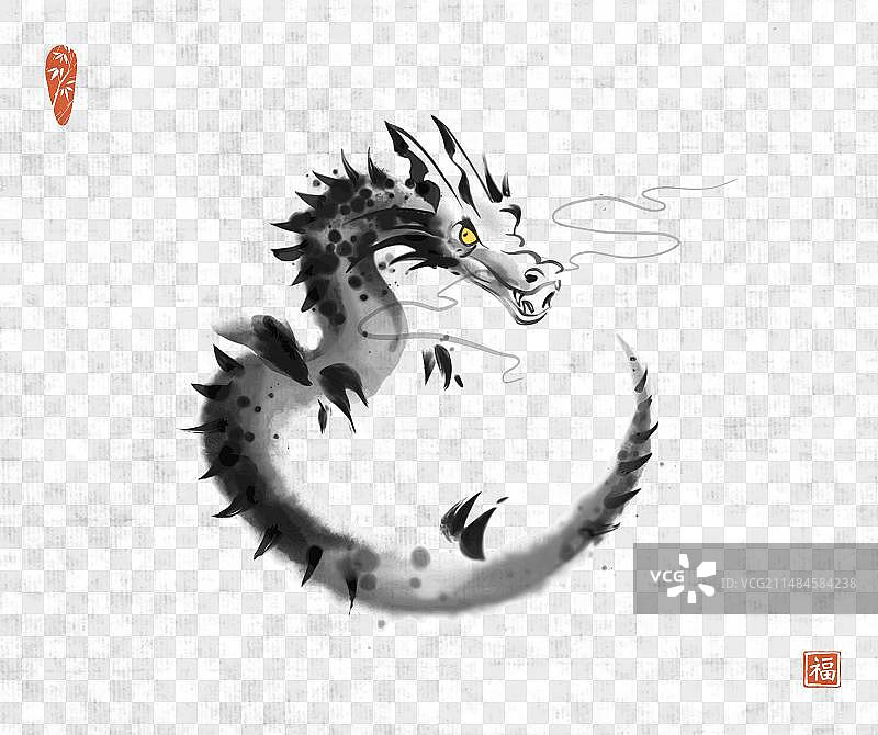 米纸上盘绕的龙的水墨画图片素材