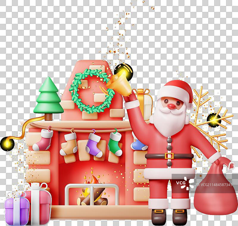 3D红色砖墙新年壁炉与圣诞老人图片素材