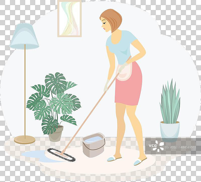 可爱女士清洁地板侧面图图片素材