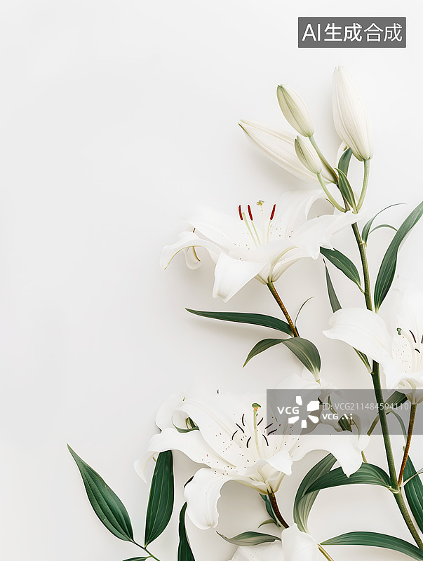 【AI数字艺术】AIGC:百合花，唯美清新，请柬 贺卡 边框 女性 节日留白背景壁纸插图插画图片素材