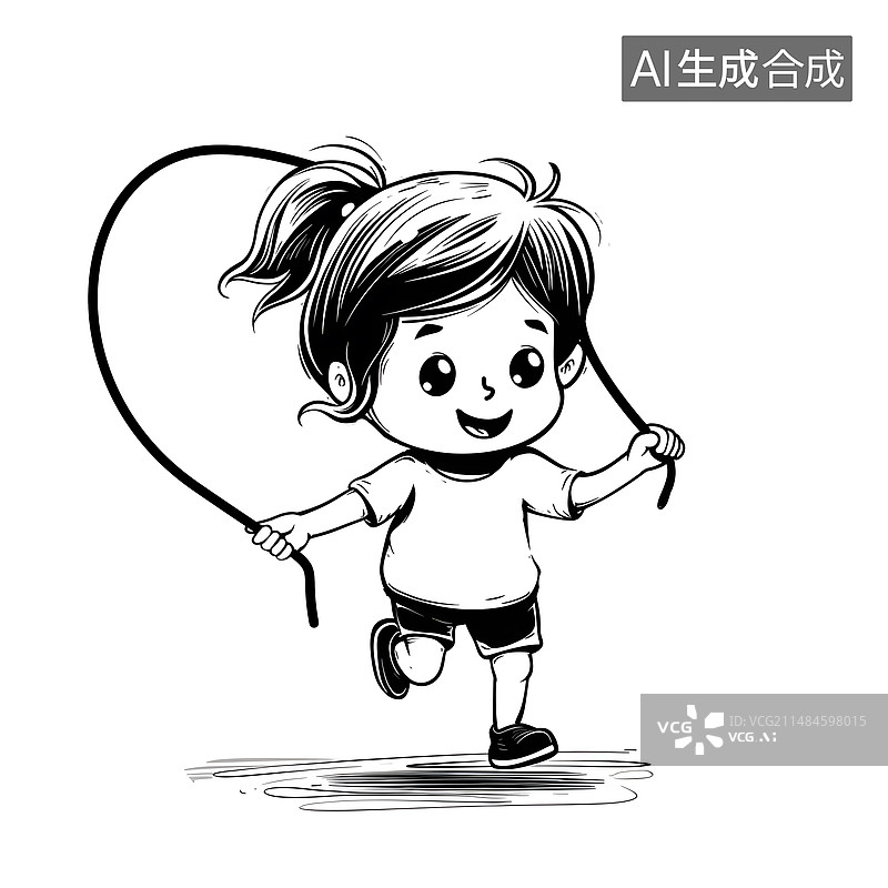 【AI数字艺术】一个孩子在跳绳黑白单色插画元素图片素材